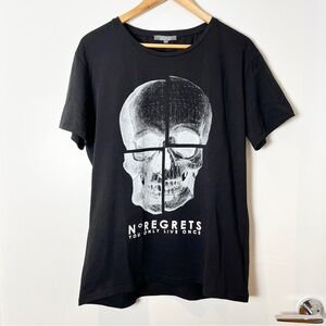 Down Up “No Regrets” Skull Graphic Tee  Black Statement Shirt  Men’s Medium